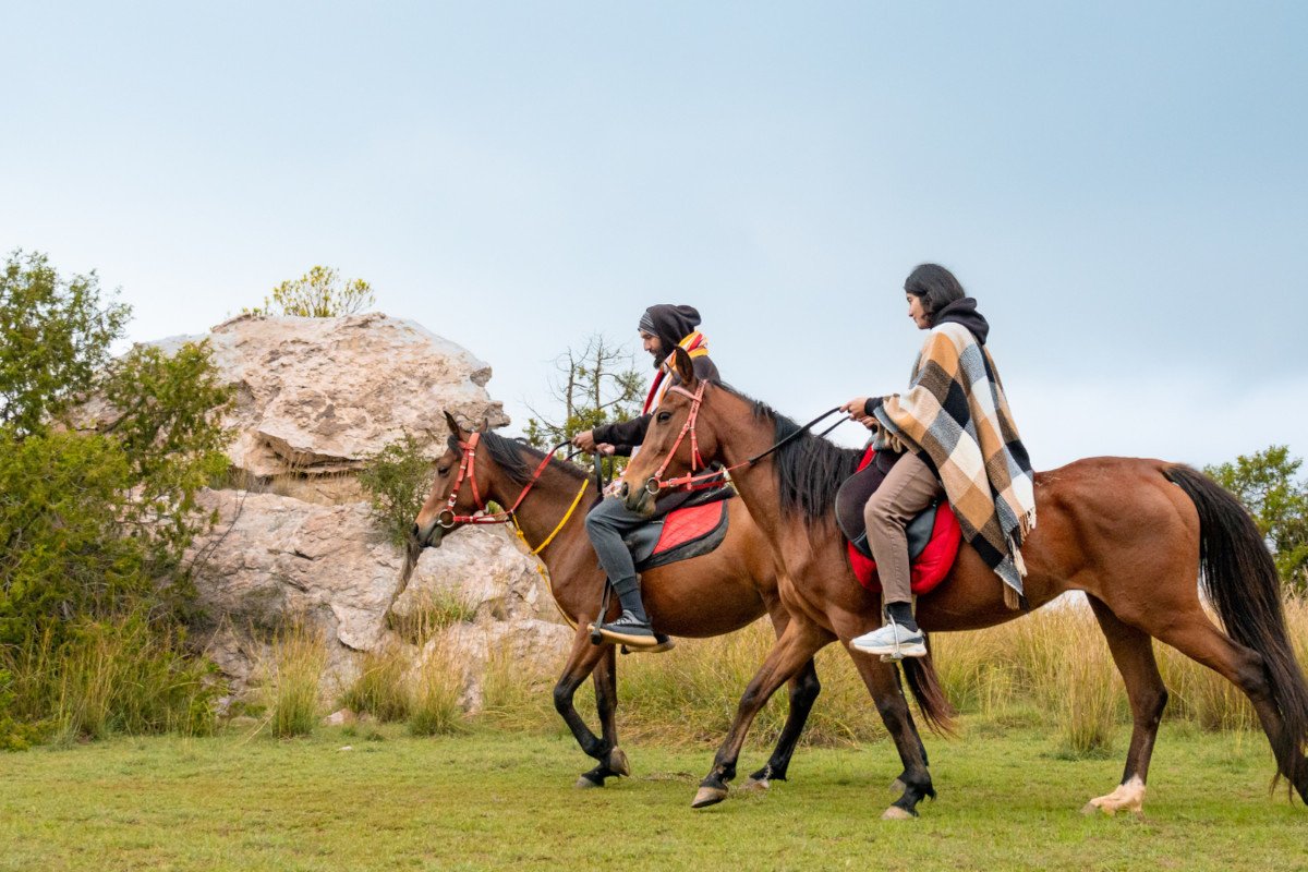 Two individuals riding horses across a grassy field under a clear sky.